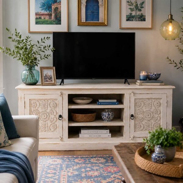 Elegant handcrafted mango wood TV cabinet in white distressed finish with rustic carved detailing.