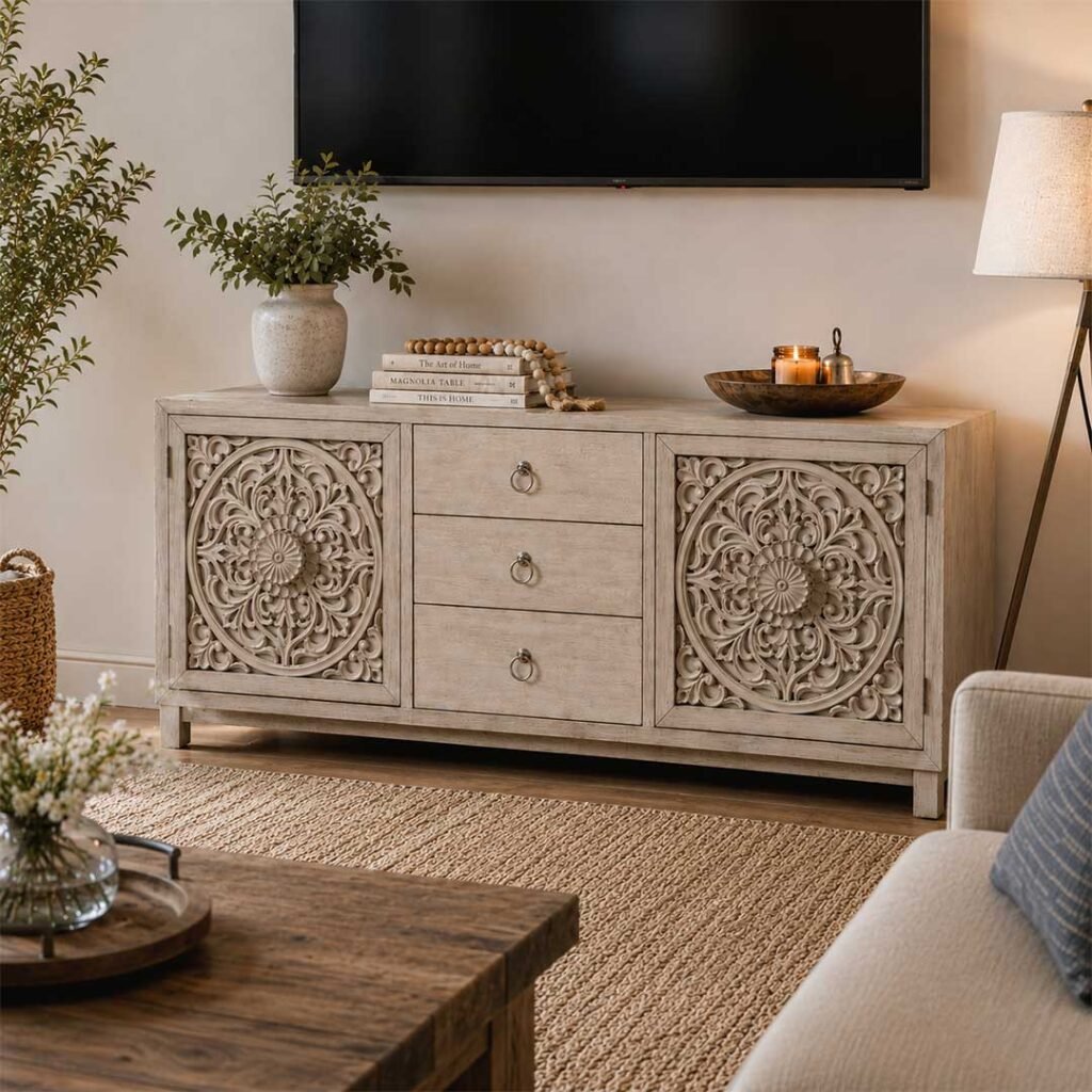 Hand carved TV unit in distressed beige finish crafted from solid mango wood with floral carved cabinet doors and storage drawers.