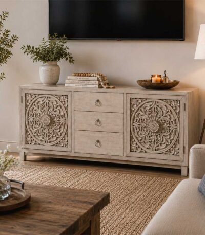 Hand carved TV unit in distressed beige finish crafted from solid mango wood with floral carved cabinet doors and storage drawers.