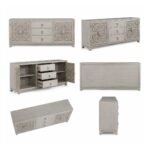 Hand carved TV unit in distressed beige finish crafted from solid mango wood with floral carved cabinet doors and storage drawers.