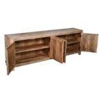 Ravello carved wooden TV unit in solid mango wood with handcrafted detailing and rustic natural finish.
