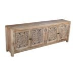 Ravello carved wooden TV unit in solid mango wood with handcrafted detailing and rustic natural finish.