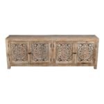 Ravello carved wooden TV unit in solid mango wood with handcrafted detailing and rustic natural finish.