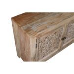 Ravello carved wooden TV unit in solid mango wood with handcrafted detailing and rustic natural finish.