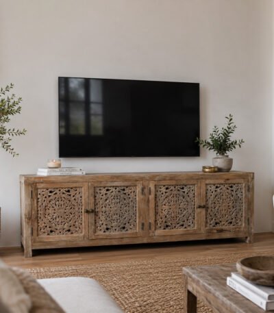 Ravello carved wooden TV unit in solid mango wood with handcrafted detailing and rustic natural finish.