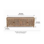 Ravello carved wooden TV unit in solid mango wood with handcrafted detailing and rustic natural finish.
