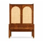 Handcrafted solid sheesham wooden bar cabinet with cane doors and wine storage