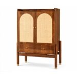 Handcrafted solid sheesham wooden bar cabinet with cane doors and wine storage
