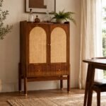 Handcrafted solid sheesham wooden bar cabinet with cane doors and wine storage