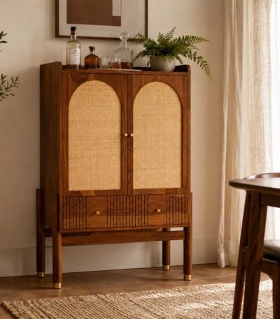 Handcrafted solid sheesham wooden bar cabinet with cane doors and wine storage