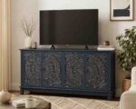 Handcrafted solid sheesham wood carved wooden TV cabinet with blue finish and storage
