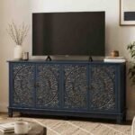 Handcrafted solid sheesham wood carved wooden TV cabinet with blue finish and storage