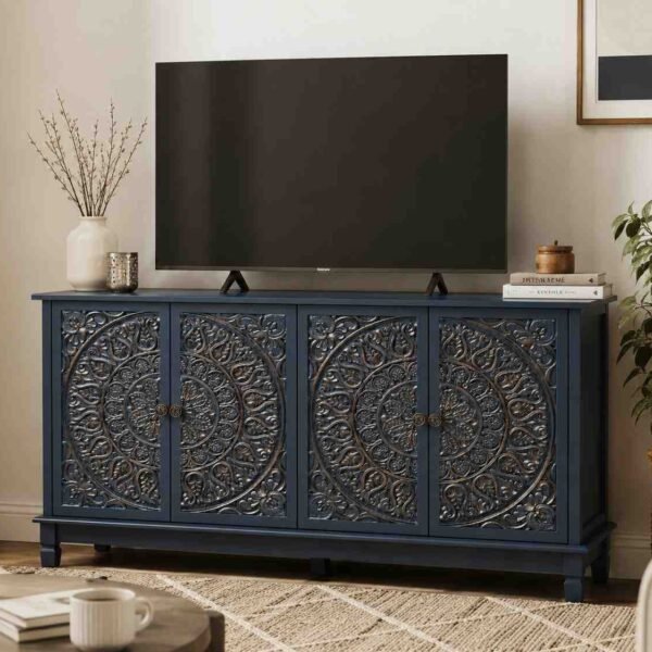 Handcrafted solid sheesham wood carved wooden TV cabinet with blue finish and storage