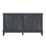 Handcrafted solid sheesham wood carved wooden TV cabinet with blue finish and storage