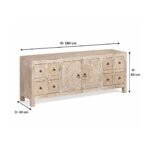 Handcarved wooden TV cabinet in distressed mango wood finish with floral carved doors and drawers