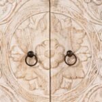 Handcarved wooden TV cabinet in distressed mango wood finish with floral carved doors and drawers