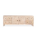 Handcarved wooden TV cabinet in distressed mango wood finish with floral carved doors and drawers
