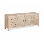 Handcarved wooden TV cabinet in distressed mango wood finish with floral carved doors and drawers