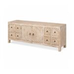 Handcarved wooden TV cabinet in distressed mango wood finish with floral carved doors and drawers