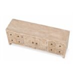Handcarved wooden TV cabinet in distressed mango wood finish with floral carved doors and drawers