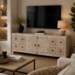 Handcarved wooden TV cabinet in distressed mango wood finish with floral carved doors and drawers
