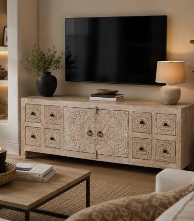 Handcarved wooden TV cabinet in distressed mango wood finish with floral carved doors and drawers