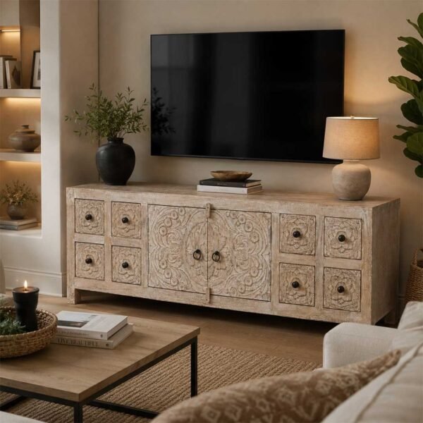 Handcarved wooden TV cabinet in distressed mango wood finish with floral carved doors and drawers