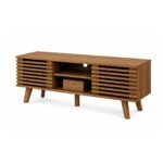 CasaFlute solid sheesham TV stand handcrafted wooden TV cabinet with fluted sliding doors and storage.