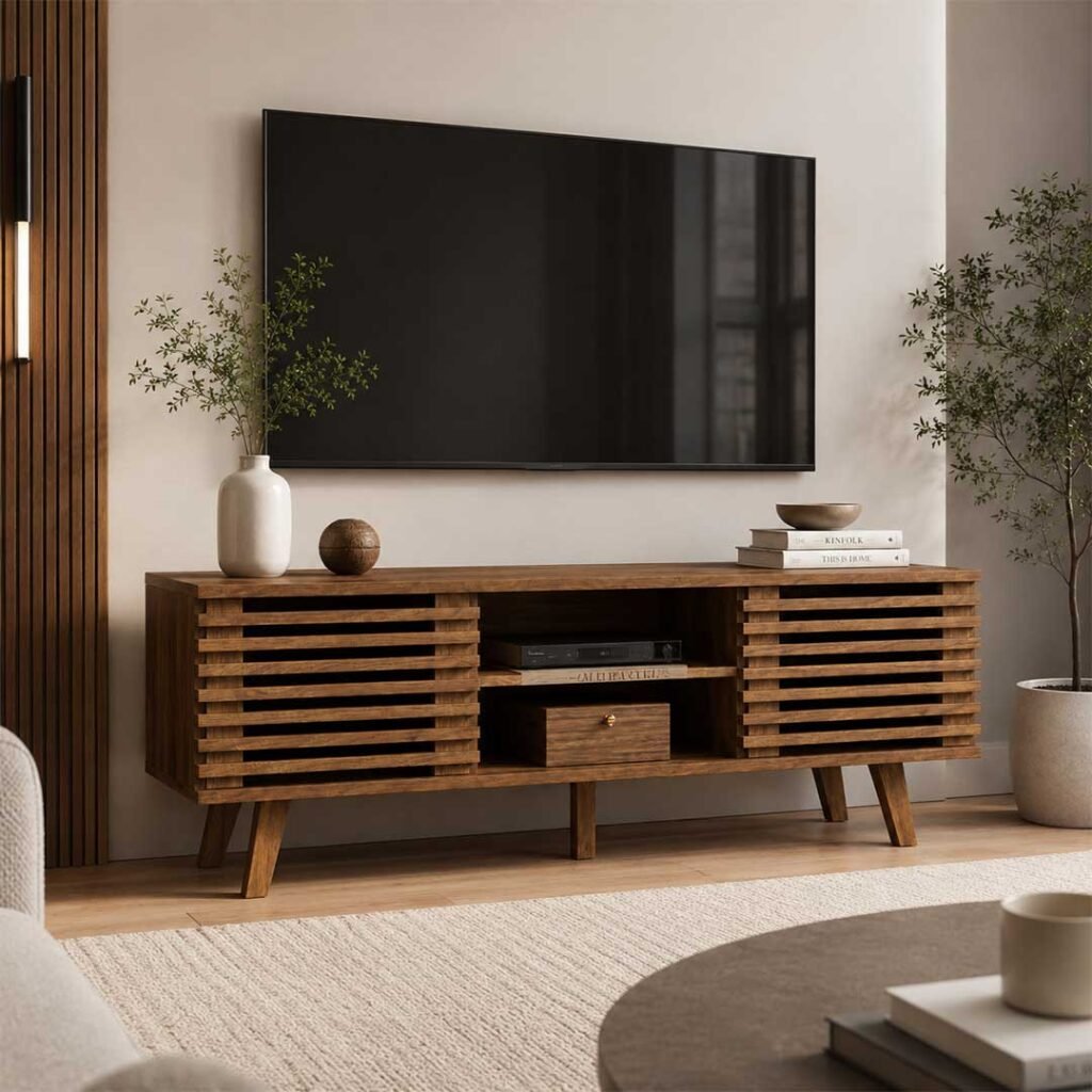 CasaFlute solid sheesham TV stand handcrafted wooden TV cabinet with fluted sliding doors and storage.