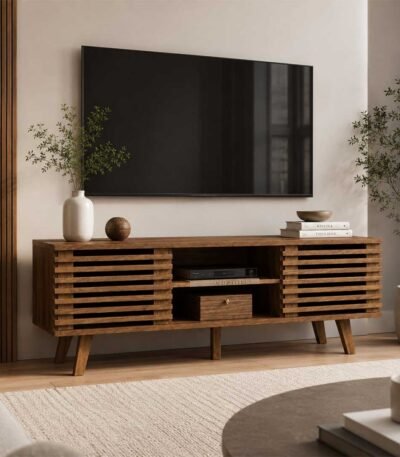CasaFlute solid sheesham TV stand handcrafted wooden TV cabinet with fluted sliding doors and storage.