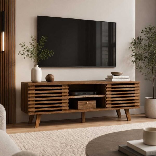 CasaFlute solid sheesham TV stand handcrafted wooden TV cabinet with fluted sliding doors and storage.