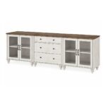 Morvix handcarved wooden TV console in solid mango wood with rustic white finish