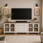 Morvix handcarved wooden TV console in solid mango wood with rustic white finish