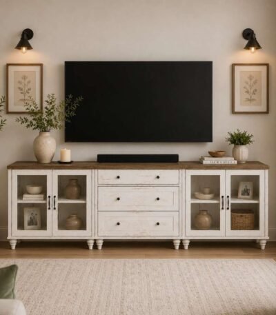 Morvix handcarved wooden TV console in solid mango wood with rustic white finish