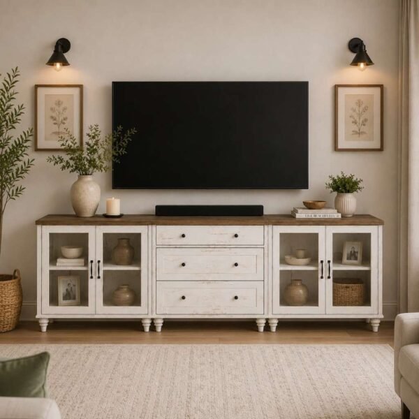 Morvix handcarved wooden TV console in solid mango wood with rustic white finish