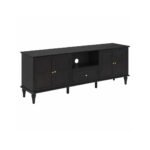 Norvane solid wood TV console in black mango wood finish with storage cabinets and drawer