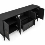 Norvane solid wood TV console in black mango wood finish with storage cabinets and drawer