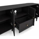 Norvane solid wood TV console in black mango wood finish with storage cabinets and drawer