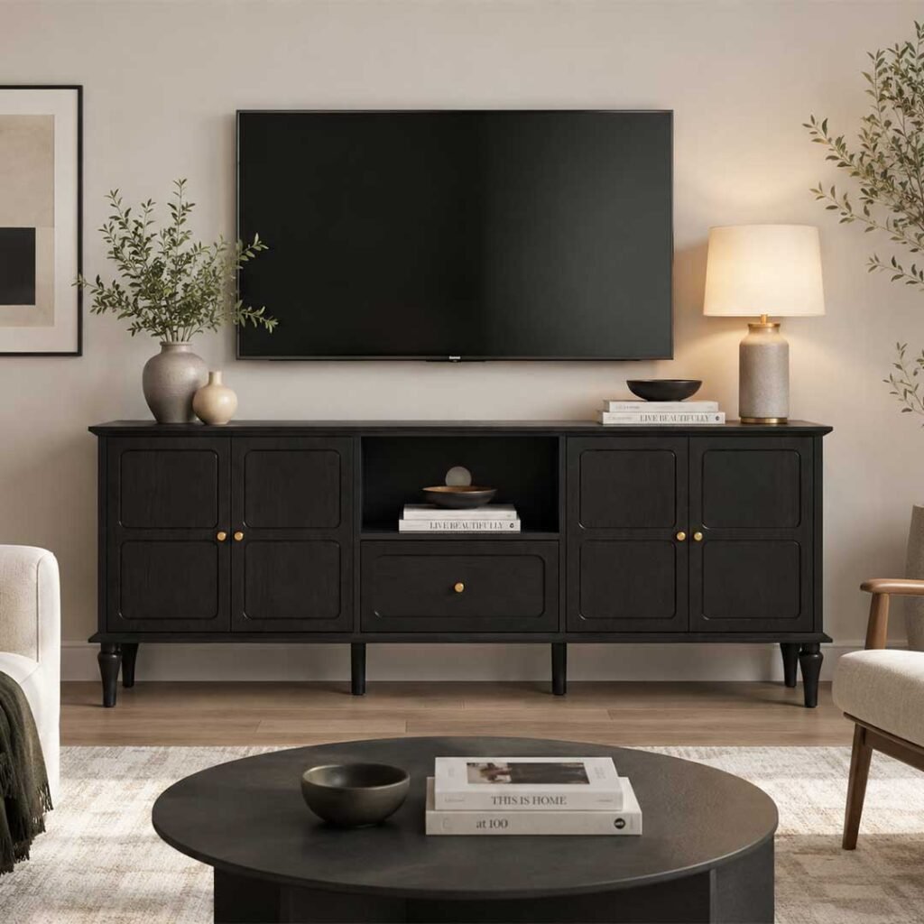Norvane solid wood TV console in black mango wood finish with storage cabinets and drawer