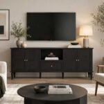 Norvane solid wood TV console in black mango wood finish with storage cabinets and drawer