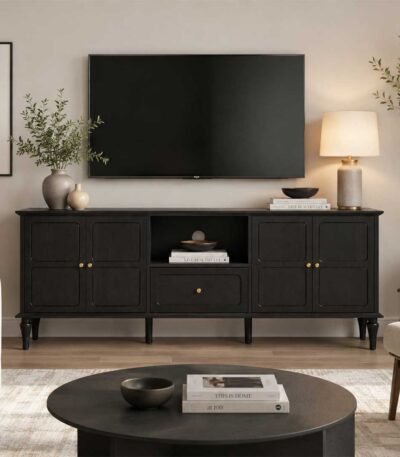 Norvane solid wood TV console in black mango wood finish with storage cabinets and drawer