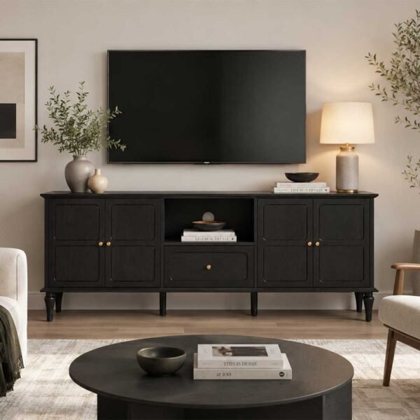 Norvane solid wood TV console in black mango wood finish with storage cabinets and drawer