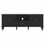 Norvane solid wood TV console in black mango wood finish with storage cabinets and drawer