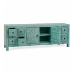Shevora handcarved solid wood TV unit in distressed turquoise finish