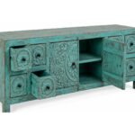 Shevora handcarved solid wood TV unit in distressed turquoise finish