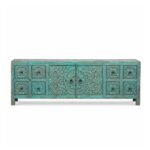 Shevora handcarved solid wood TV unit in distressed turquoise finish