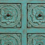 Shevora handcarved solid wood TV unit in distressed turquoise finish