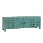Shevora handcarved solid wood TV unit in distressed turquoise finish