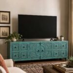 Shevora handcarved solid wood TV unit in distressed turquoise finish