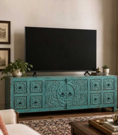 Shevora handcarved solid wood TV unit in distressed turquoise finish